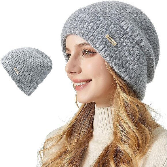 Womens Warm Knit Beanie Hat Thick Cotton Lined Slouchy Skull Cap for Fall Winter - Picture 1 of 7